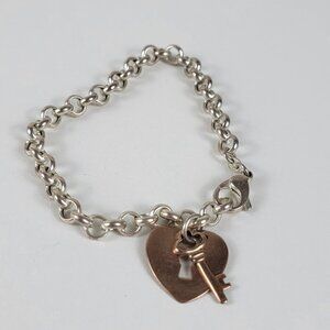 OTC Heart Lock And Key Charm Bracelet Sterling Silver And Rose Gold Plated 8 In
